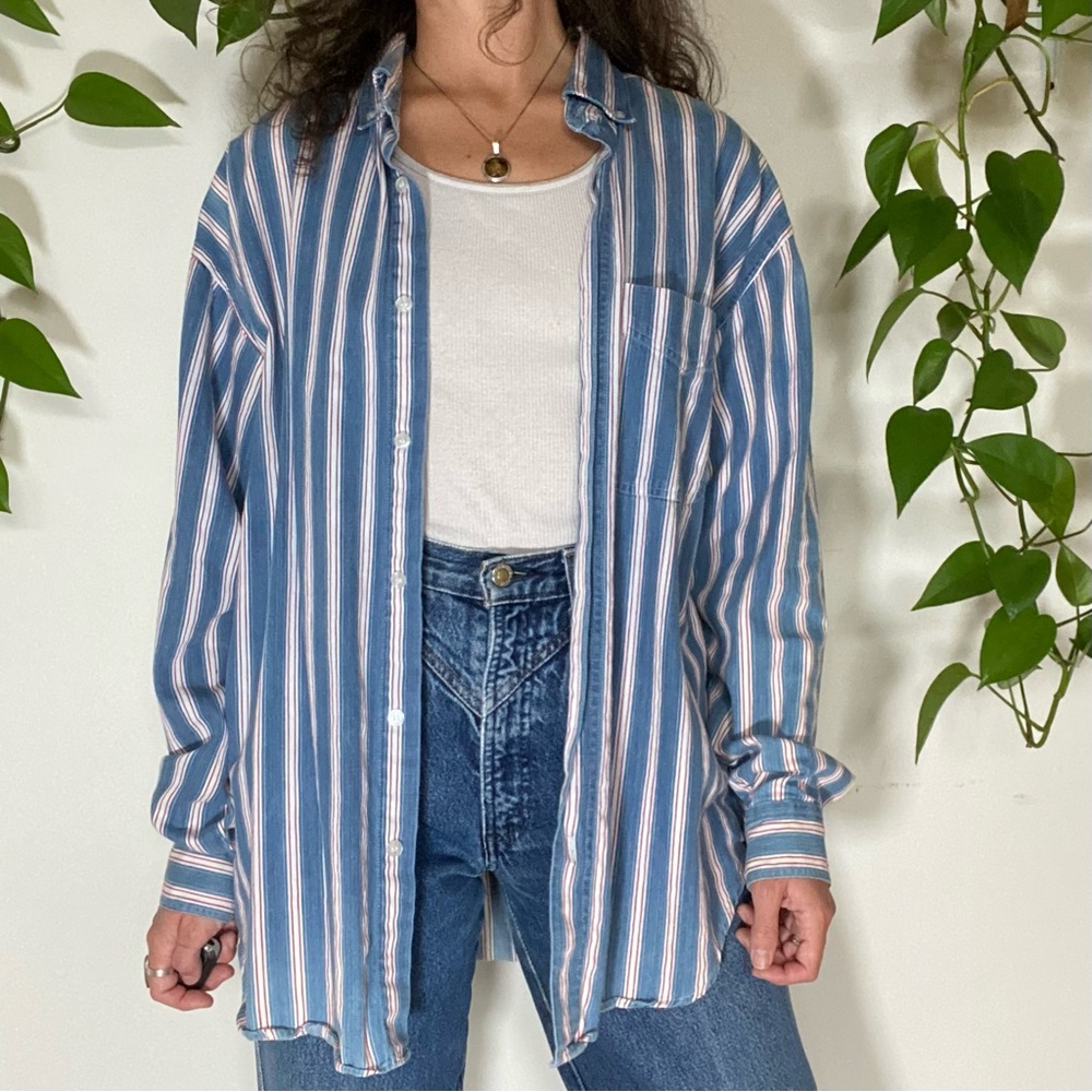 🌹 SOLD 🌹 Vintage Jazzman Sportswear Striped Button Down Denim Shirt Size L